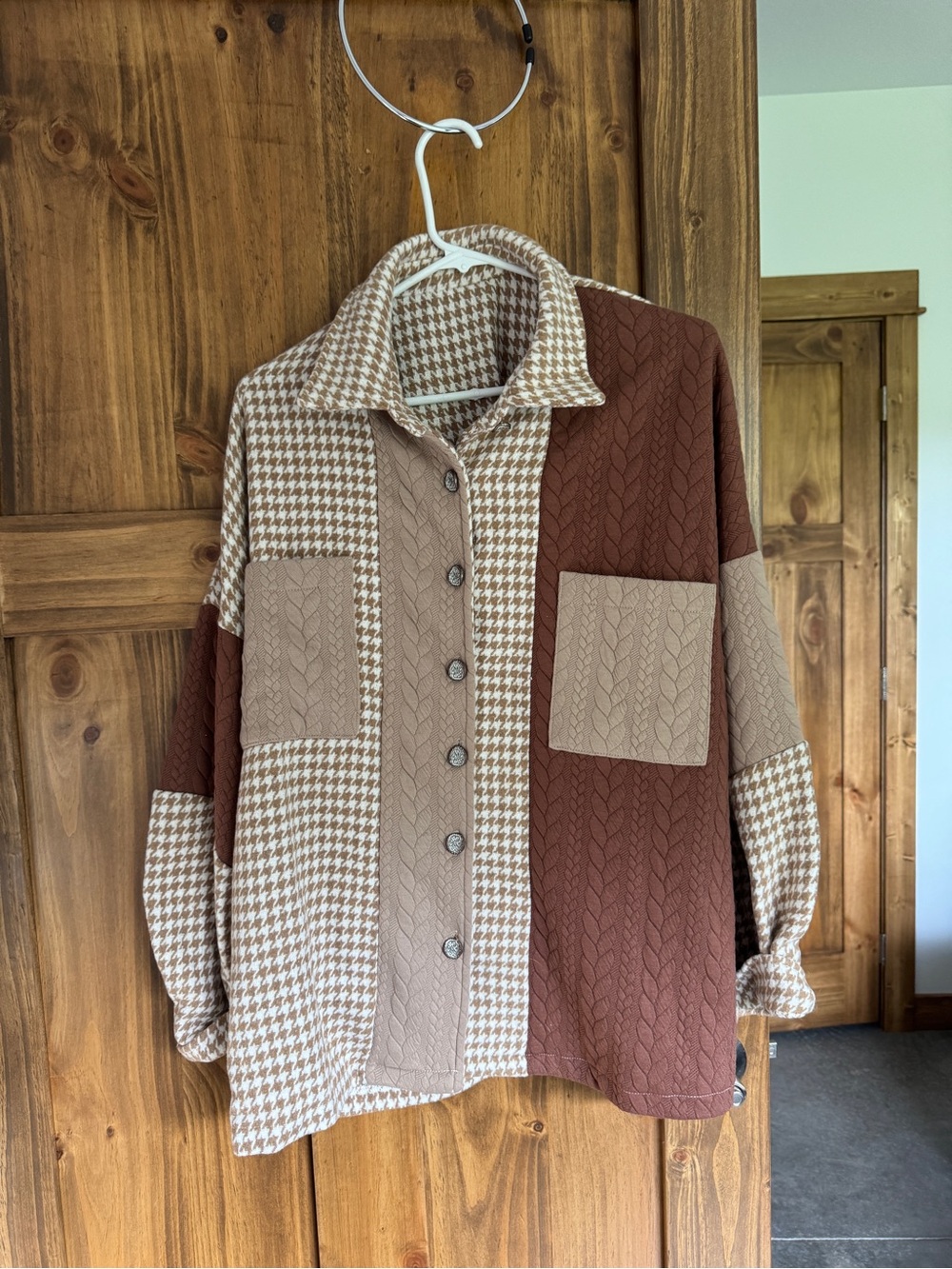 Oversized Button-Up Shirt Jacket - Beige & Brown